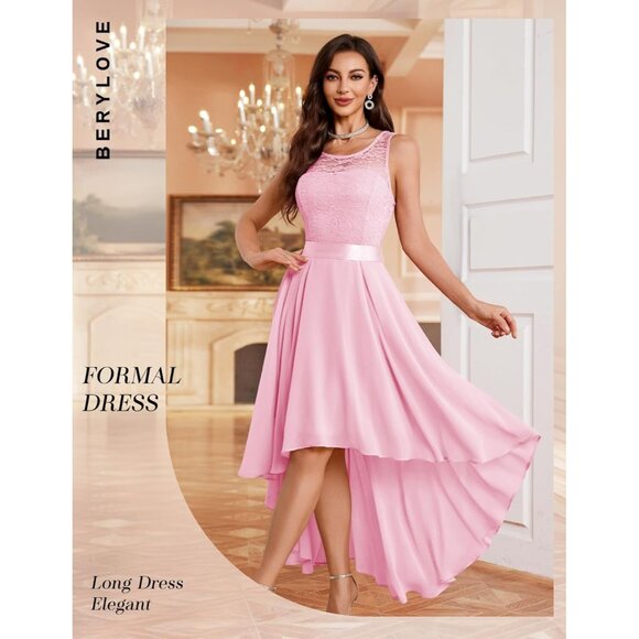 BeryLove Women Pink Chiffon Scoop Neck Sleeveless Lace Cocktail Dresses - Picture 3 of 7